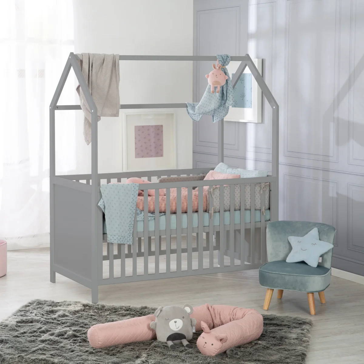 Hausbett 70 x 140 cm, FSC zertifiziert, Kombi-Kinderbett, taupe, 3-fach verstellbar, umbaubar – Bild 5