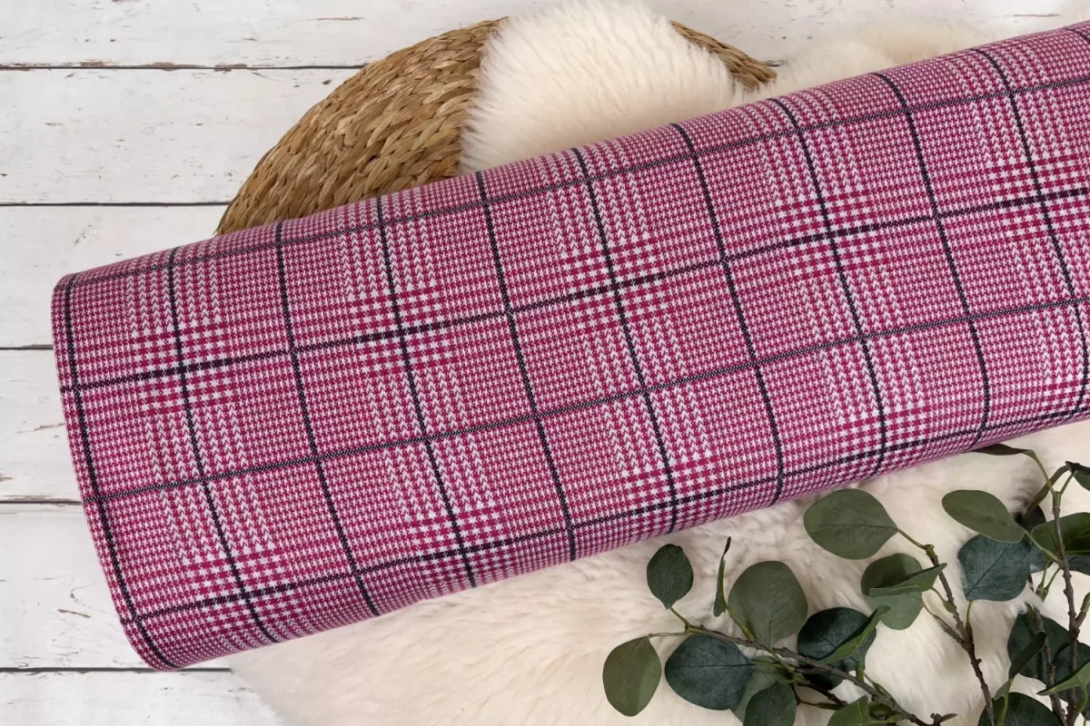 Jacquard Stoff stretch – Pepita Karo pink, dunkelgrau, weiß – Öko Tex 100 – Bild 3