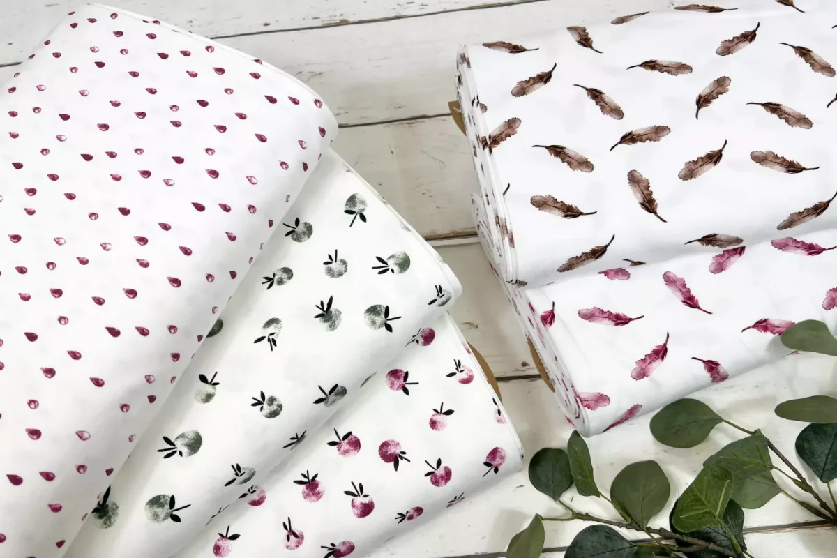 Bio Jersey Stoff – olivgrüne Pfirsiche in weiß – Bild 3