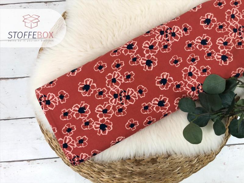 Viskose – Popeline – Abstrakte Blumen (helljeans – dunkelorange – schwarz – dunkelblau) – Bild 3