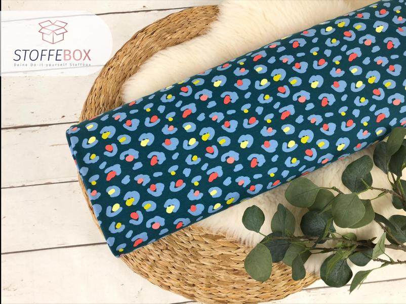 Reststück 50cm French Terry – Sommersweat – animalprint / Leomuster (dunkelpetrol/lachs/gelb) – Bild 2