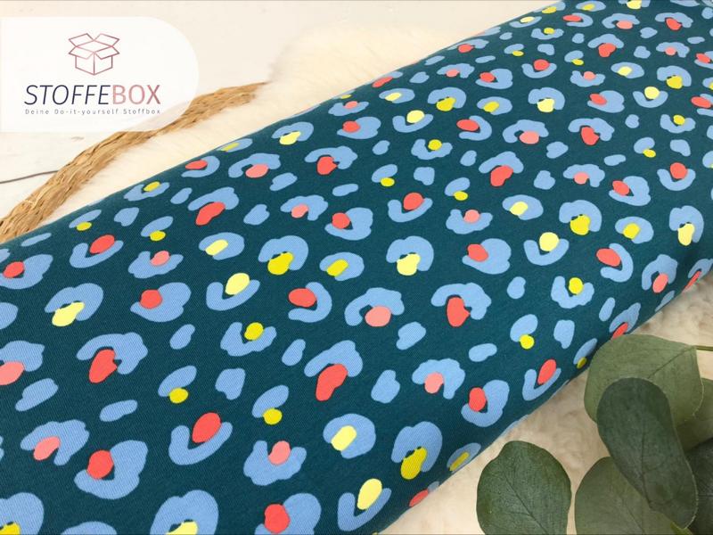 Reststück 50cm French Terry – Sommersweat – animalprint / Leomuster (dunkelpetrol/lachs/gelb) – Bild 3