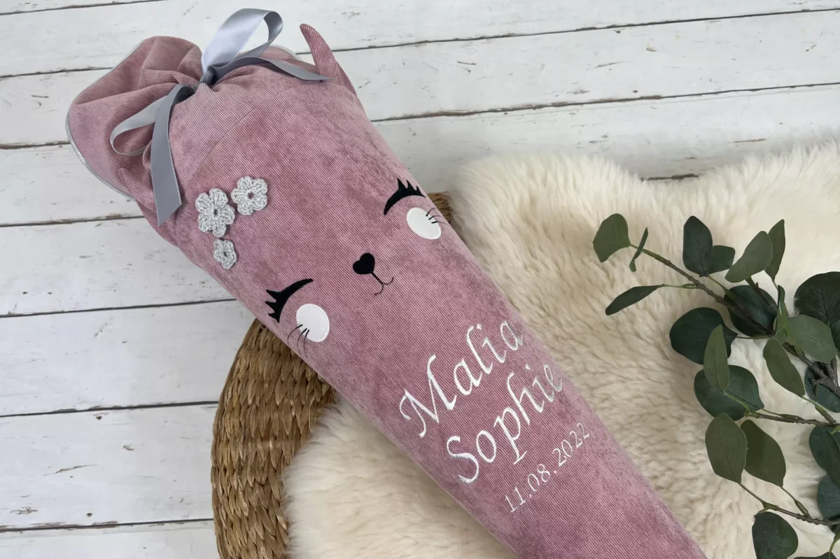 Schultüte aus Stoff mit Namen – Katze in rosa oder pink (70cm, 85cm, 35cm) – Zuckertüte personalisiert, optional mit Kissen – Bild 3