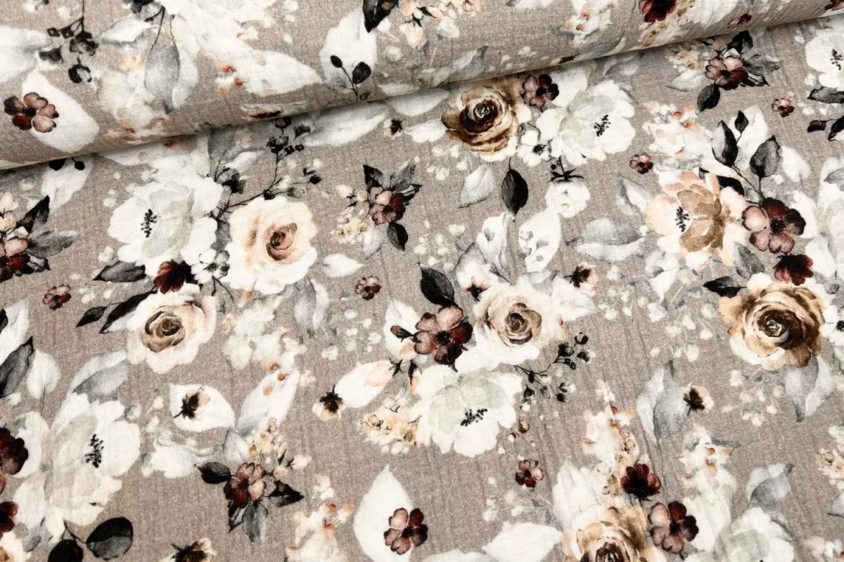 Musselin Stoff / Double Gauze – große Blumen, Rosen in taupe – Öko-Tex 100 – Bild 2