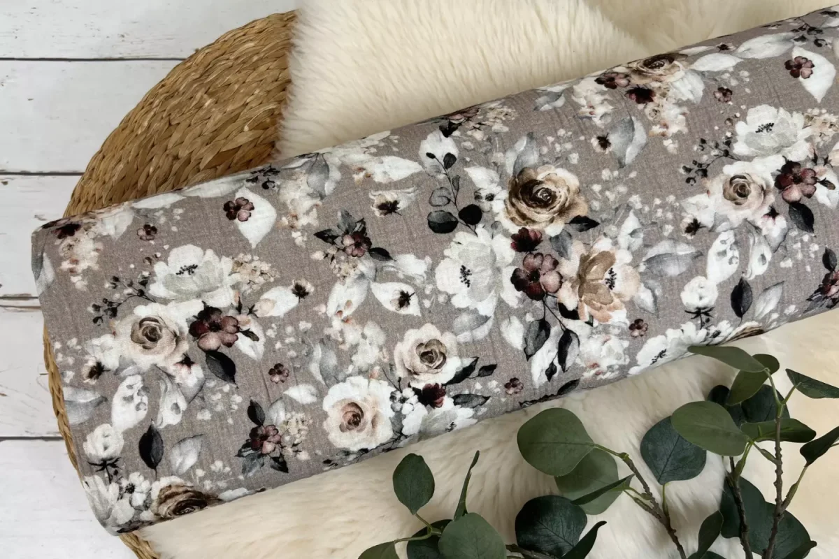 Musselin Stoff / Double Gauze – große Blumen, Rosen in taupe – Öko-Tex 100 – Bild 3