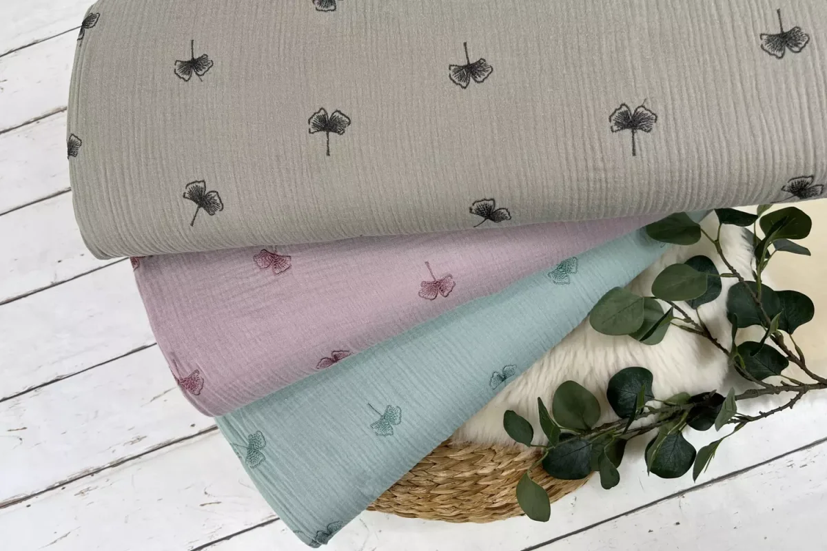 Musselin Stoff / Double Gauze – bestickte Blumen in dunkelmint – Öko-Tex-100 – Bild 6