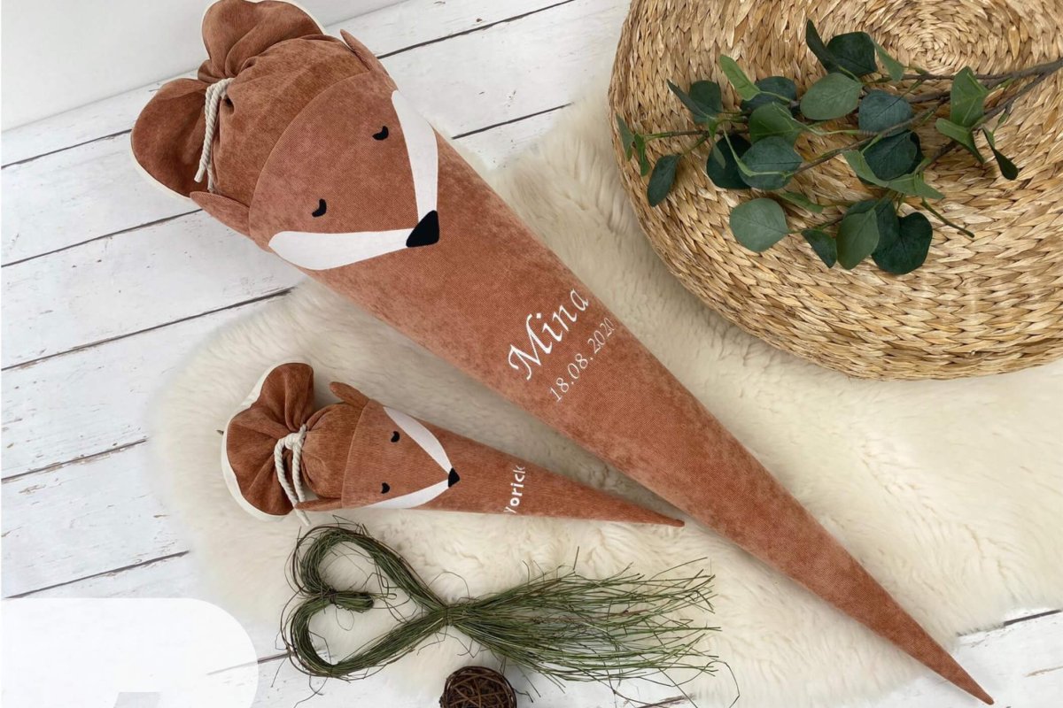 Schultüte aus Stoff mit Namen – Fuchs in rost (70cm, 85cm, 35cm) – Zuckertüte personalisiert, optional mit Kissen – Bild 2
